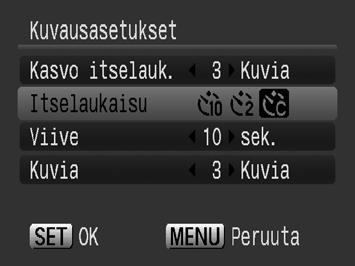 77 2 Määritä haluamasi asetukset. 1. Valitse [Itselaukaisu] painamalla - tai -painiketta ja valitse - tai -painikkeella. 2. Valitse - tai -painikkeella [Viive] tai [Kuvia] ja muuta asetusta - tai -painikkeella.