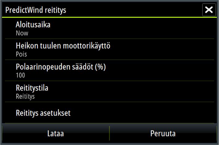 c. Pyydä uusi reitti PredictWind-toiminnolta valitsemalla Lataa. Vanhan reitin käyttäminen a. Vaihtoehtoiset menettelytavat: Valitse Etsi-valikkokohta ja valitse sitten haluamasi reitti luettelosta.