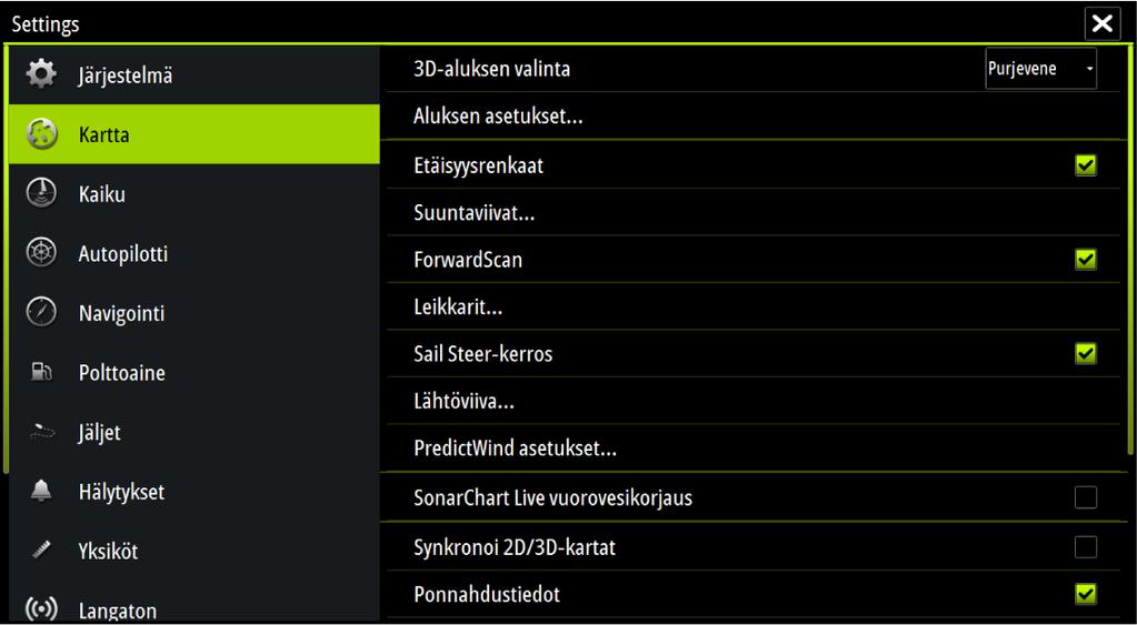 Valitse Navionics-karttavalikossa Kerros ja sitten SonarChart Live, jolloin voit näyttää sen kartan tietokerroksena.