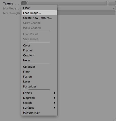 Listan kohdasta Load Image voidaan tuoda bittikarttatekstuuri. Jos tekstuuriksi on tuotu shaderi, pääsee sen asetuksia muuttamaan shaderin nimeä klikkaamalla.