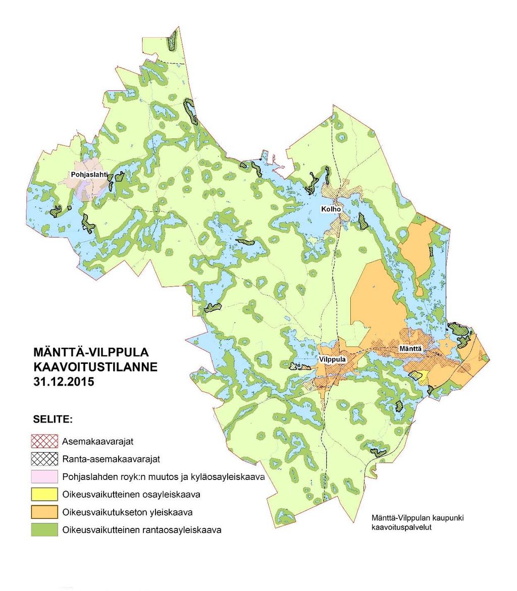 MÄNTTÄ VILPPULAN KAUPUNGIN KAAVOITUS KAAVOITUSTILANNE Mänttä Vilppulan alueella on yleiskaavoitettua aluetta on yhteensä 32 447 ha.
