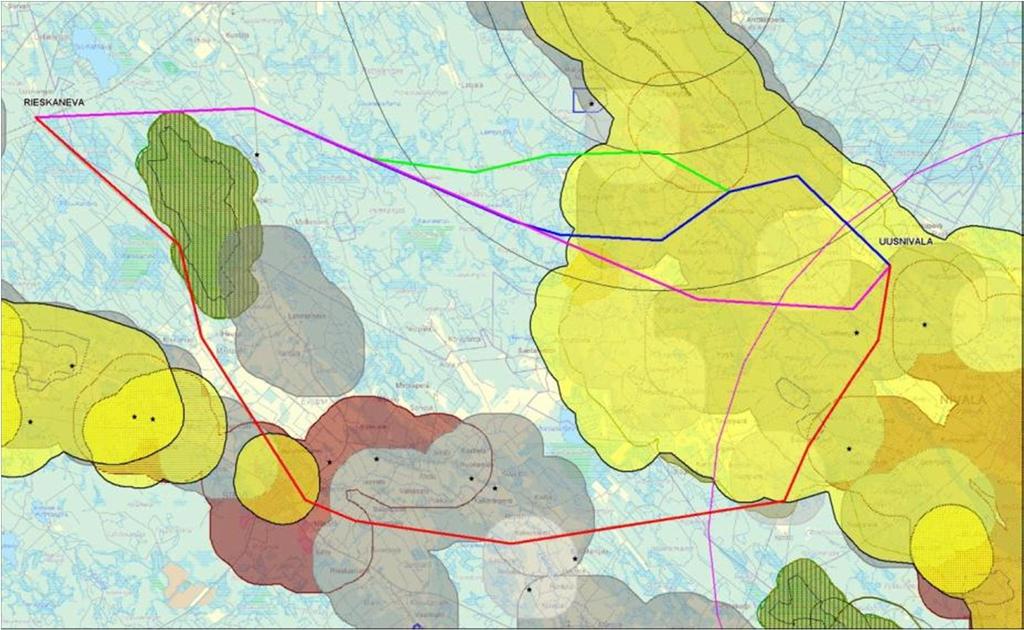 Tutkittavat sähkönsiirtoreittivaihtoehdot Rieskanevalta-Uusnivalaan (magenta, sininen ja vihreä).