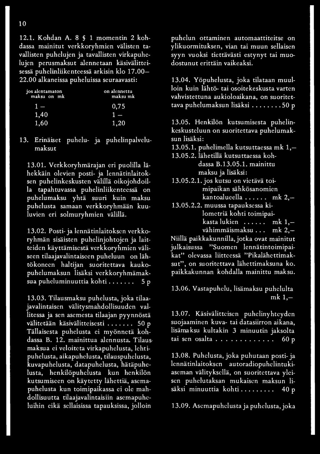 00 alkaneissa puheluissa seuraavasti: jos alentamaton maksu on mk on alennettu maksu mk i - 0,75 1,40 1-1,60 1,20 13. Erinäiset puhelu- ja maksut puhelinpalvelu- 13.01.