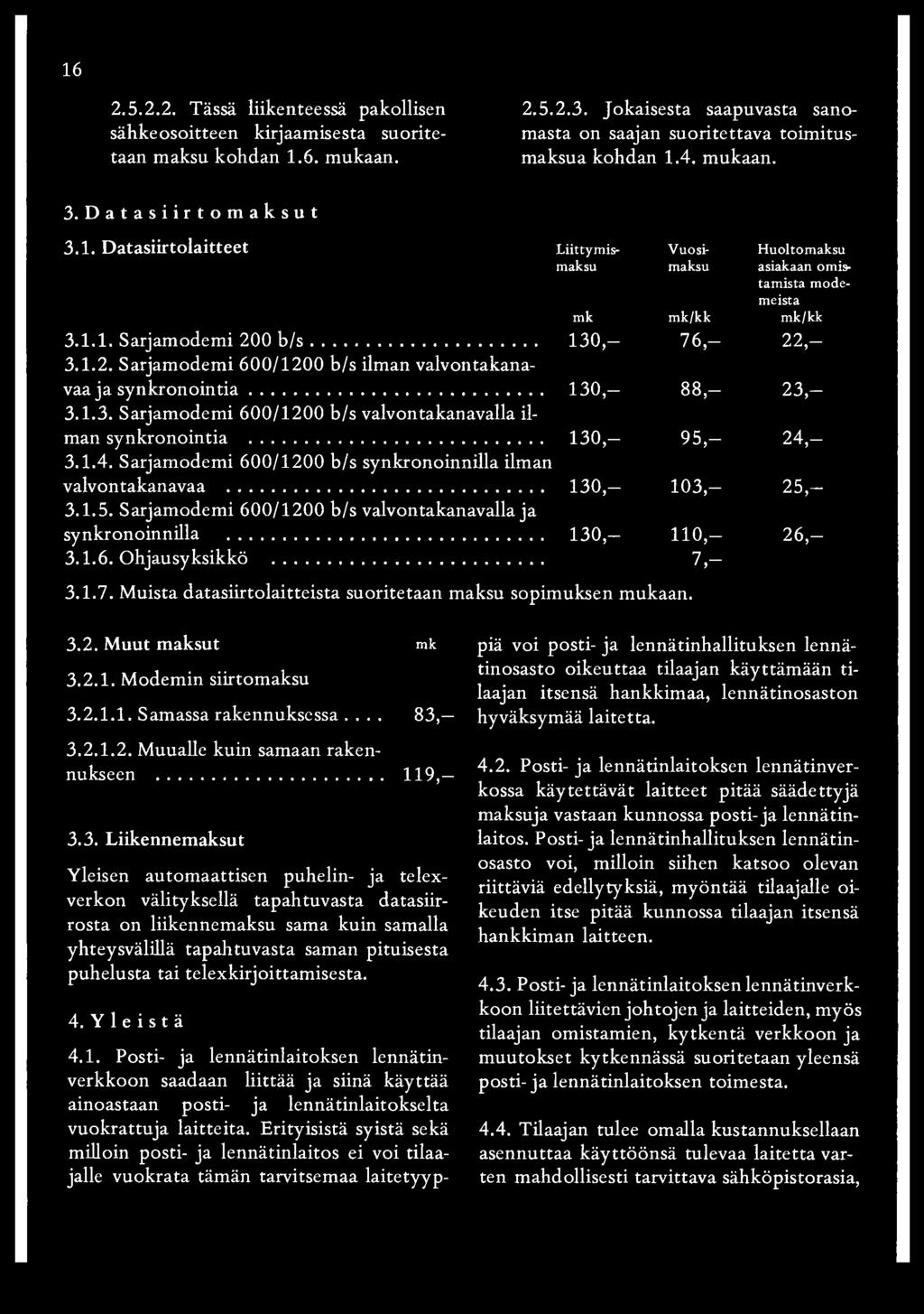 0 b /s... 130,- 76,- 22,- 3.1.2. Sarjamodemi 600/1200 b/s ilman valvontakanavaaja synkronointia... 130,- 88,- 23,- 3.1.3. Sarjamodemi 600/1200 b/s valvontakanavalla ilman synkronointia.