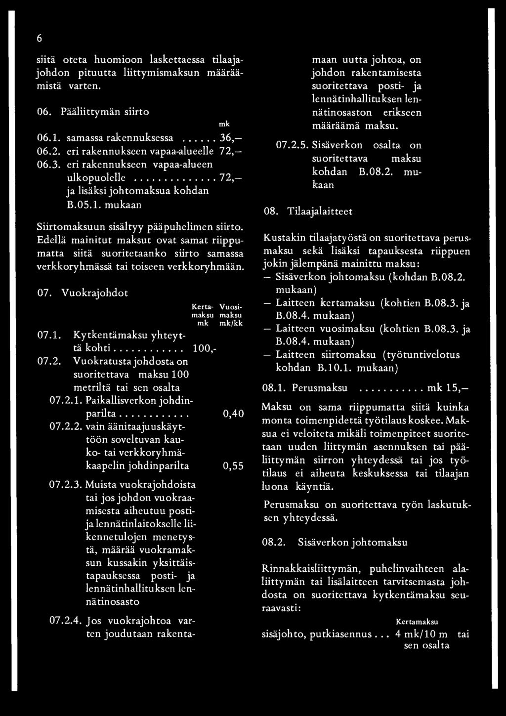 Edellä mainitut maksut ovat samat riippumatta siitä suoritetaanko siirto samassa verkkoryhmässä tai toiseen verkkoryhmään. 07. Vuokrajohdot Kerta- Vuosimaksu maksu mk mk/kk 07.1.