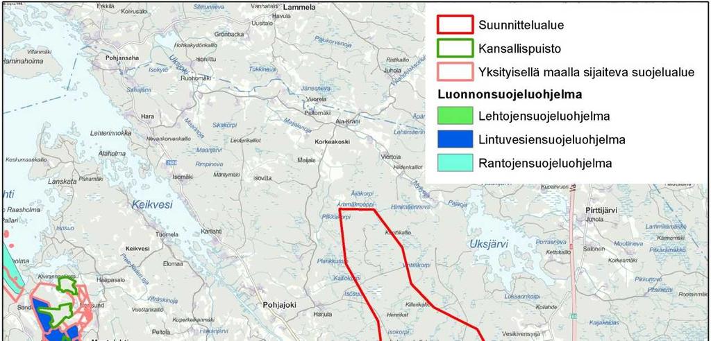 Kuva 12-1. Suunnittelualueen läheisyydessä sijaitsevat luonnonsuohelualueet.