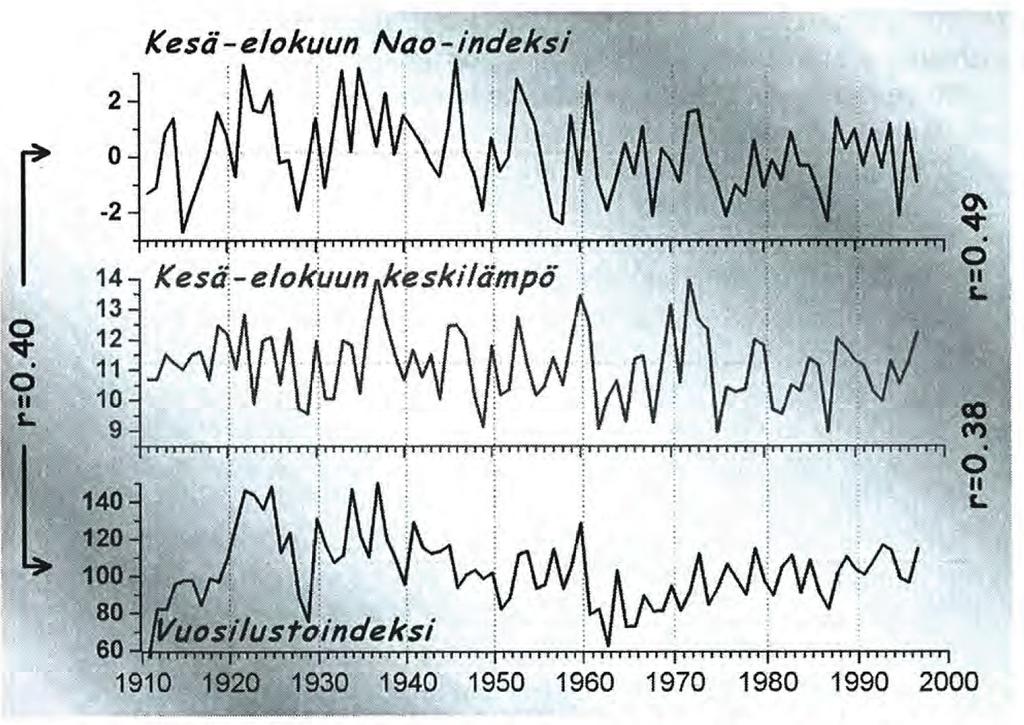 Koko 1990-luvun vallinnut korkea NAO-indeksi teki vuosikymmenestä poikkeuksellisen lämpimän ja lumisen. sen alapuolellakin.