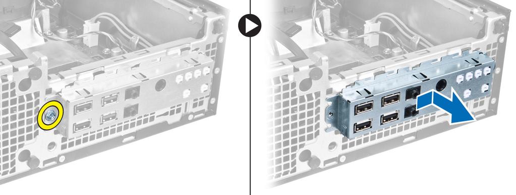 Vapauta sitten I/O-paneeli työntämällä sitä oikealle ja irrota se tietokoneesta. I/O-paneelin asentaminen 1. Aseta I/O-paneeli kotelon edessä olevaan paikkaan. 2.