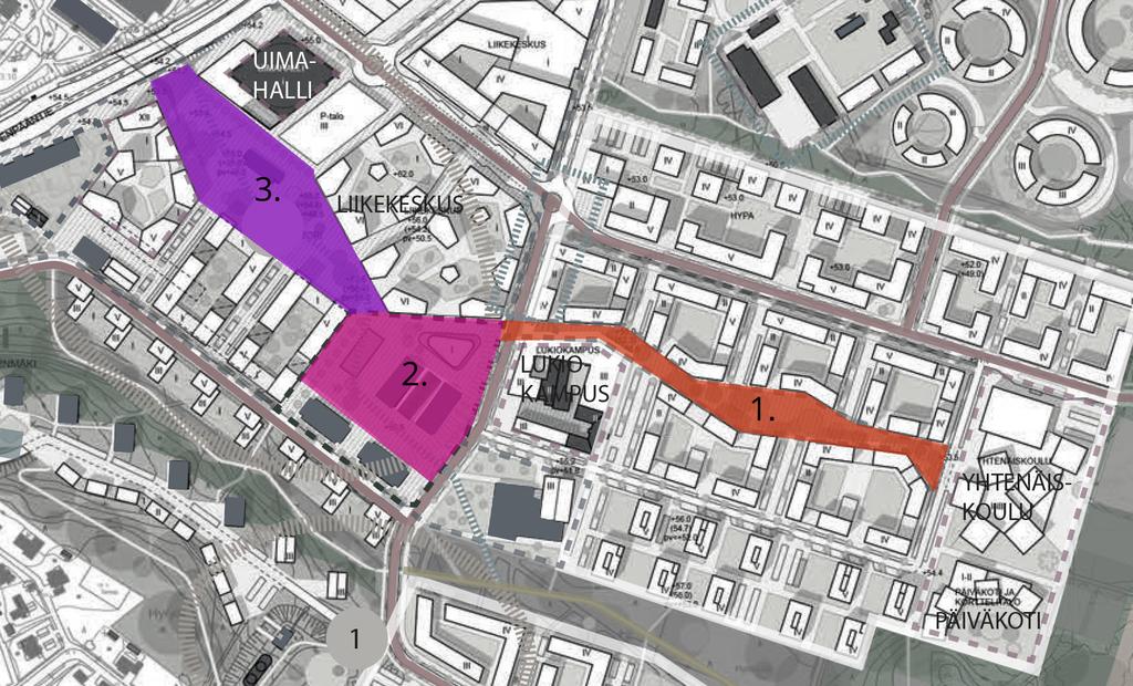 Rykmentinpuiston keskusta halkovat ja rytmittävät helminauhamaiset aukiot, joiden linjaa jatkaa Puustellinmetsän torimainen keskusaukio.