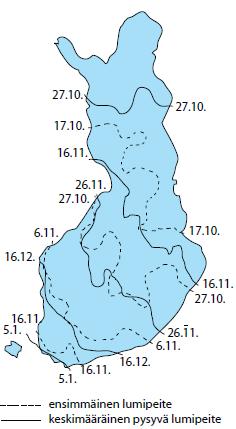 17 Kuva 6. Ensimmäisten lumisateiden todennäköiset ajankohdat [6]. Talvikautena omat ongelmansa rakentamiseen tuo myös pimeys.