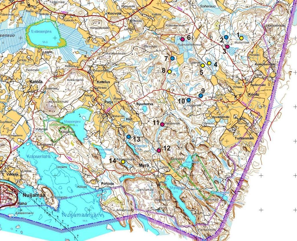 Liite 1. Kesän 2016 kartoituksessa alueittain (A F) tutkitut kohteet numeroituina (1-36).