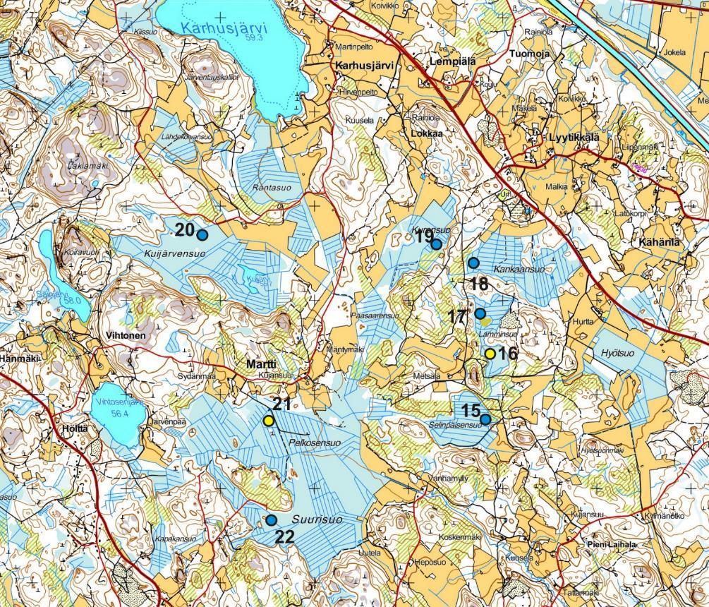 Alue B Karhusjärvi Suurisuo Kohteet 15 22 15 Selinpäisensuo 19 Kurensuo 16