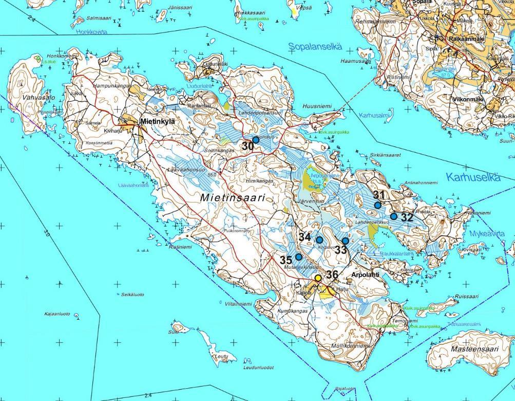 Alue F Mietinsaari Kohteet 30 36 30 Norrisuon länsilaita 34 Korpisuo 31 Suurenkorvansuon kaakkoislaita 35