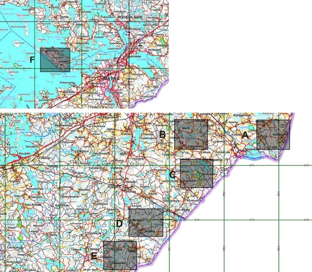 Kartta 1. Vuoden 2016 kartoitusalueet Lappeenrannassa (A-E) ja Ruokolahdella (F). A = Kontu Myrä, B = Karhusjärvi Suurisuo, C = Joussuo Rantasuo, D = Rumpu, E = Hyttilä, F = Mietinsaari.