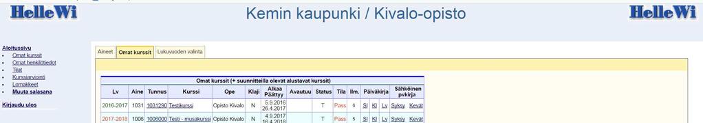 6. Kurssinumerosta klikkaamalla pääset näkemään sen kurssin opiskelijat. 7.