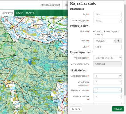 paikka ja aika valmiina (esim. kaadettu urosvasa => kirjataan havainnoksi kaadon yhteydessä esim.