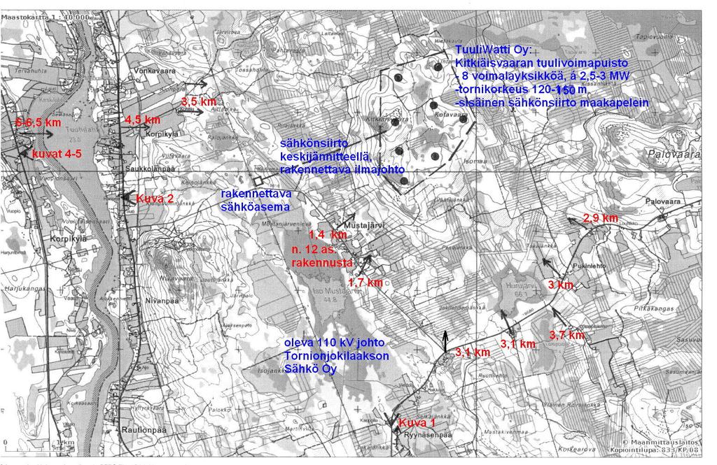 Asutus Kitkiäisvaara: Lähin asutus sijaitsee Mustajärven kylässä, noin 1,4-1,7 km päässä, noin 12 asuinrakennusta Palovaaran ja Ryynäsenpään kyläasutukseen on matkaa noin 2,9-4