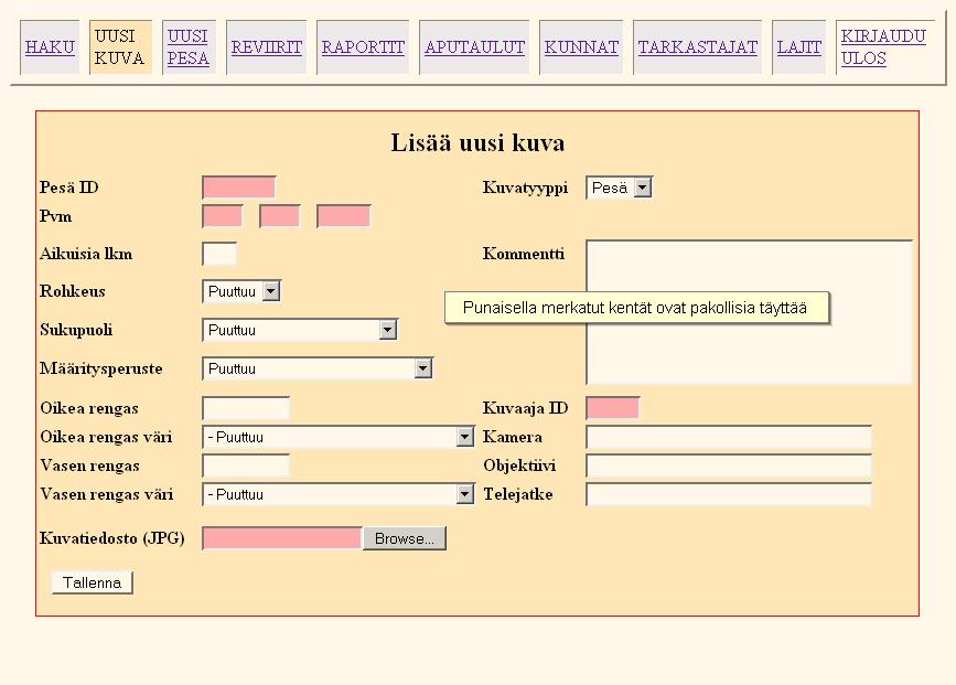 Uuden kuvan lisäys (vaihe 3): Käyttäjän täytettyä vaaditut tiedot tapahtuu tallentaminen painamalla "Tallenna"-painiketta.