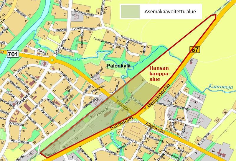 K-supermarketin alue on osoitettu asemakaavassa liikerakennusten korttelialueena, jolle saa sijoittaa vähittäiskaupan suuryksikön (KM-2).