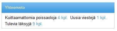 1 YHTEENVETO Yhteenveto-osassa on lueteltuna poissaolot, uudet viestit sekä kotitehtävät.