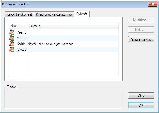 Asiakaskone- ja ryhmäkuvakkeiden mukauttaminen Hallintaikkunassa näkyviä opiskelija- tai ryhmäkuvakkeita voidaan mukauttaa.