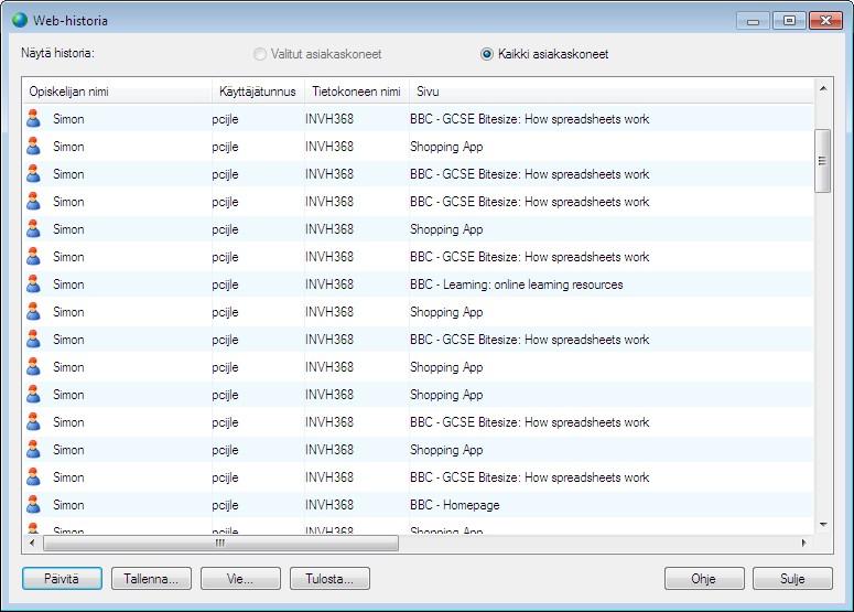 Näytä Web-historia Web-hallintamoduuli mahdollistaa yhteydessä olevien opiskelijoiden sivustojen käyttämisen valvonnan sekä tarvittaessa käyttötietojen tallentamisen tai tulostamisen. 1.