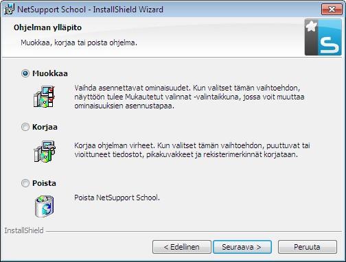 Nykyinen asennus havaittu Tämä näyttö tulee esiin, jos työasemassa on jo asennettuna NetSupport School.