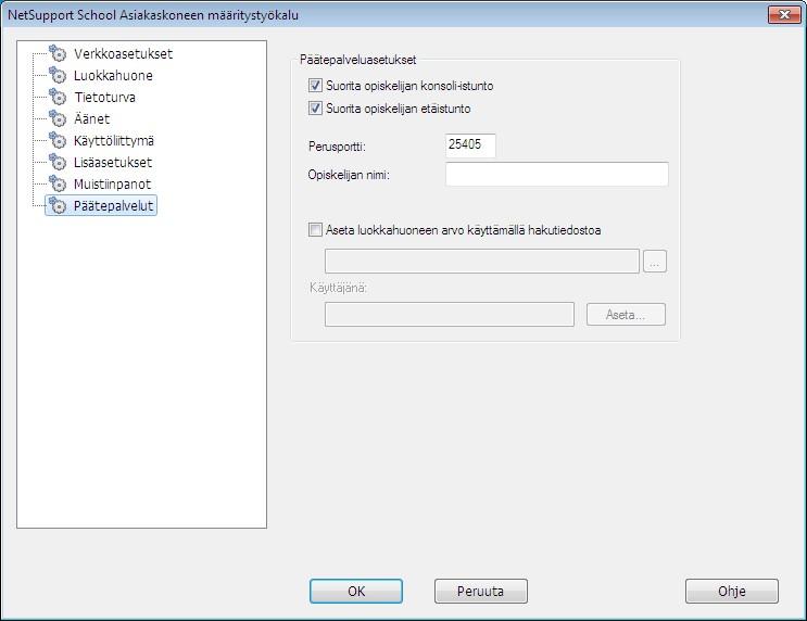 Opiskelijan päätepalvelujen asetukset Tässä voit määrittää opiskelijan Terminal Server -asetukset.