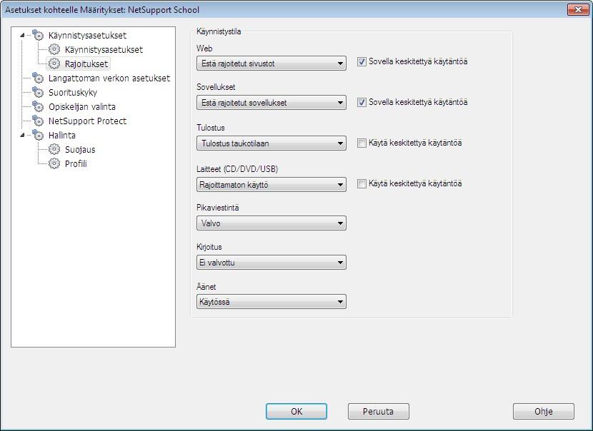 Ohjaajan käynnistysrajoitukset NetSupport School -toimintojen käyttöoikeustasot ja rajoitukset voidaan nyt määrittää käynnistyksen yhteydessä, jolloin ne tulevat varmasti voimaan heti