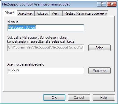 4. Valitse käyttöönoton ominaisuudet valitsemalla kukin viidestä välilehdestä vuoronperään. Yleistä-välilehti Määritä käyttöön otettava NetSupport School-pakkaus ja asennettavat osat.