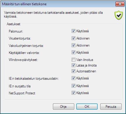 Opiskelijan suojausasetukset Tekniikkakonsolin avulla voit katsoa asiakaskoneiden suojauksen tilan, muokata palomuuria, Windows-päivityksiä ja muita asiakaskoneiden suojausasetuksia ja määrittää