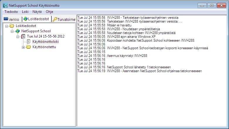 Lokitiedostot NetSupport School Deploy -ohjelmaa käytettäessä kunkin käyttöönoton tiedot tallentuvat, olipa kyseessä pakkauksen asennus, lisenssipäivitys, määritysten lataus tai poisto.