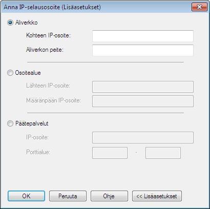6. Napsauta OK. Huomautuksia: Etäaliverkon osoitetta lisätessäsi varmista, että myös paikallisen aliverkon yleislähetysosoite on käytettävissä.