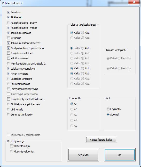 29 Kuva 13. Tulostusikkuna. Jos tulostusikkunasta valitaan kaikki mahdolliset kohdat, tulee dokumentista helposti yli 100-sivuinen tuloste.