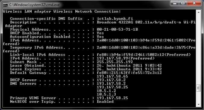 6 Kuva 2. TLT-WLAN:ssa olevan kannettavan ipconfig 4.2 ICTLAB toimialueen palvelimet ja työasemat 4.2.1 Palvelimet Toimialueen palvelimet tarvitsivat vain kiinteät IPv6 -osoitteet ja lähtivät tämän jälkeen toimimaan ilman ongelmia.