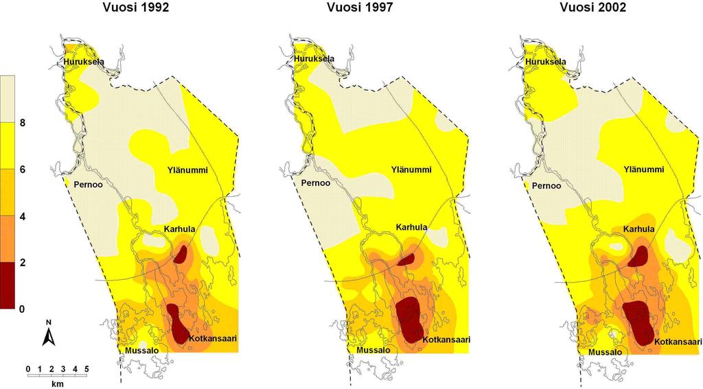 Kuva 30. Jäkälälajien lukumäärä vuosina 1992, 1997 ja 2002.