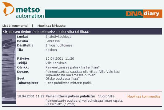 5 TAPAUSTUTKIMUS: KONTEKSTITIETOISUUS KÄYTTÖPÄIVÄKIRJASSA 5.1 Sovellusympäristö: sähköinen käyttöpäiväkirja Prosessinohjauksessa kokemusperäisellä tietämyksellä on keskeinen merkitys.