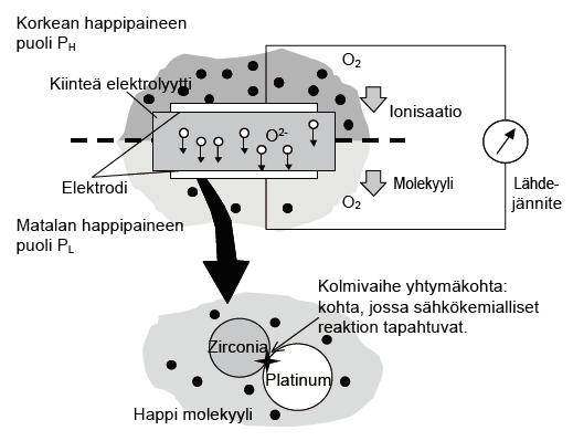 5.1 Toimintaperiaate 41 Happimittauksen toimintaperiaate perustuu siis sähkökemialliseen reaktioon mikä tapahtuu anturin päässä olevan zirkonium-elektrolyytin ja sen molemmin puolin kiinnitettyjen