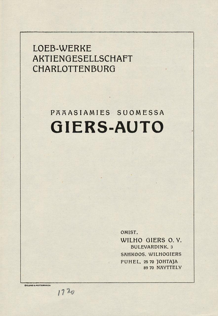 LOEB-WERKE AKTIENGESELLSCHAFT CHARLOTTENBURG PÄÄASIAMIES suomessa GIERS-AUTO OMIST.