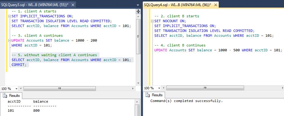 63 -- 5. Client A continues SELECT acctid, balance FROM Accounts WHERE acctid = 101; Kuva A1.3 Tilanne vaiheessa 5 -- 6.