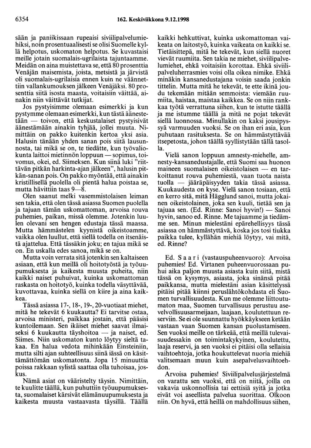 6354 162. Keskiviikkona 9.12.1998 sään ja paniikissaan rupeaisi siviilipalvelumiehiksi, noin prosentuaalisesti se olisi Suomelle kyllä helpotus, uskomaton helpotus.