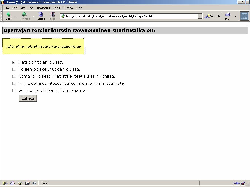 4. TEHTÄVIIN VASTAAMINEN Opiskelijan aktivoitua web-oppimateriaaliin upotetun tehtävälinkin avautuu hänen web -selaimelleen jokin kolmesta eri tehtävätyypistä. 4.