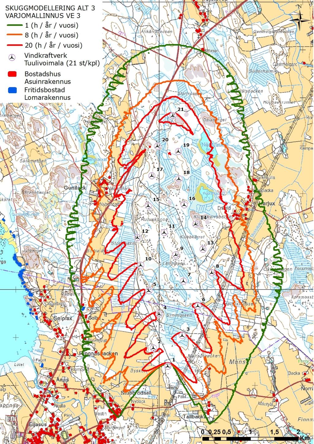 Svevind Oy Ab Sandbackan tuulivoimapuisto 9 [10] Kuva 5. YVA-menettelyn aikana laajimmalle toteutusvaihtoehdolle (VE3, 21 voimalaa) laaditun alustavan välke- tai varjostusmallinnukset tulokset.