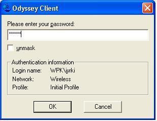 40 4.2.4 Toimivuuden testaus Kun kaikki on valmista ja verkkoon koetetaan ottaa yhteys, Odyssey client - ohjelmisto tekee salasanakyselyn.