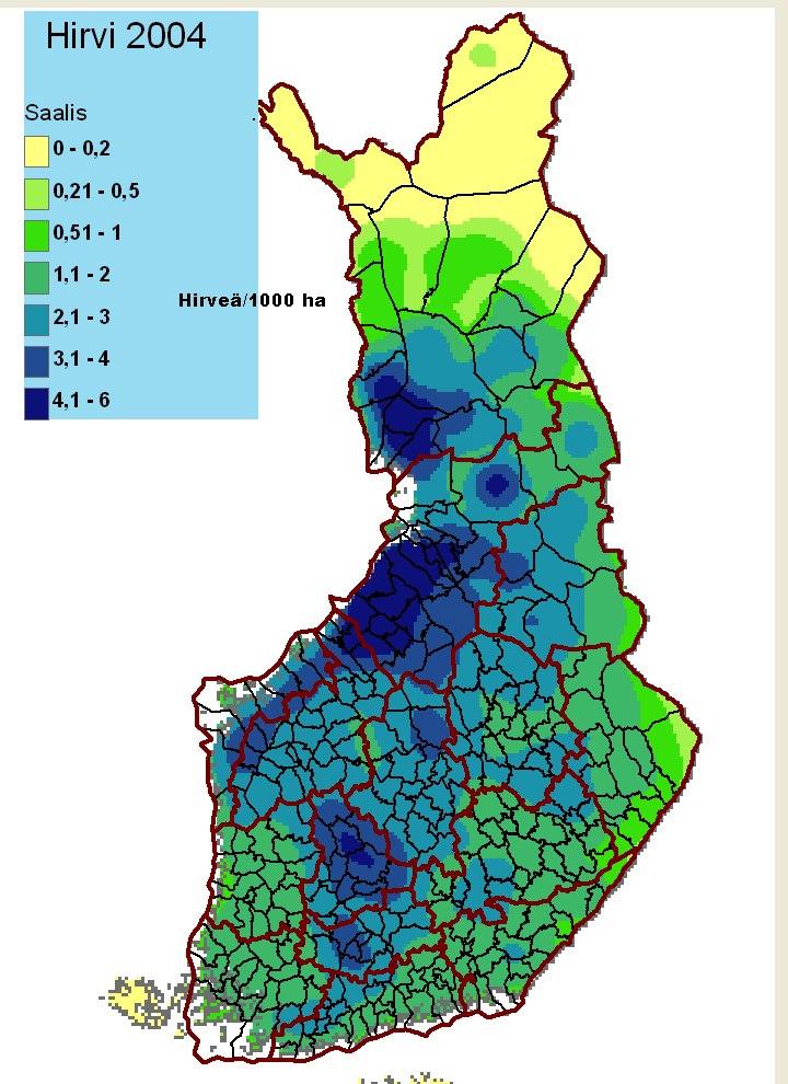 Liite 3 Hirvisaalis Metsänhoitoyhdistys Etelä-Pirkanmaan alueella vuonna 2004 oli noin 2,1-3 hirveä/1000 ha. Kuva lainattu: Metsästäjäin keskusjärjestö.