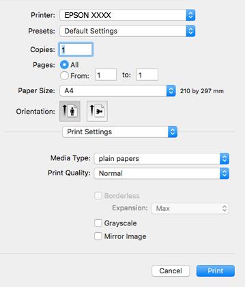 Tulostaminen 5. Valitse ponnahdusvalikosta Tulostusasetukset. Jos käytössäsi on Mac OS X v10.8.x tai uudempi ja jos Tulostusasetukset-valikko ei näy, Epsonin tulostinajuria ei ole asennettu oikein.