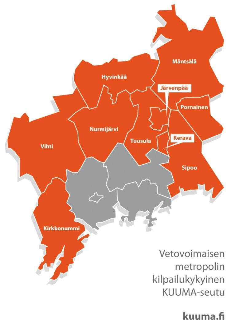 KUUMA-kunnat Hyvinkää, Järvenpää, Kerava, Kirkkonummi, Mäntsälä, Nurmijärvi, Pornainen, Sipoo, Tuusula, Vihti Asukasluku 318 117 Maapinta-ala Makeaa vettä Merivettä Pinta-ala yhteensä 2 927 km²