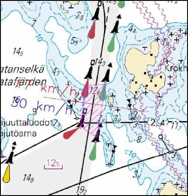 47 Taulukko 6 Raja-arvoja vastaavat alusnopeudet Kuiva-Hevonen, venesatama Alustyyppi Suurin nopeus, km/h (solmua) Sisään Ulos Suuret ropax-alukset 20 (11) 25-3 0 (14-16 ) Keskikokoiset roro-alukset