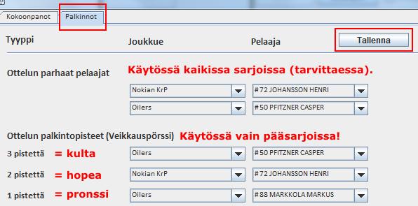 Mikäli ottelussa tilastoidaan plus/miinuksia, tulee ne kirjata tässä vaiheessa (ns. protestiajan kuluessa). 14. Ottelun päättyessä painetaan Tallenna tulos.