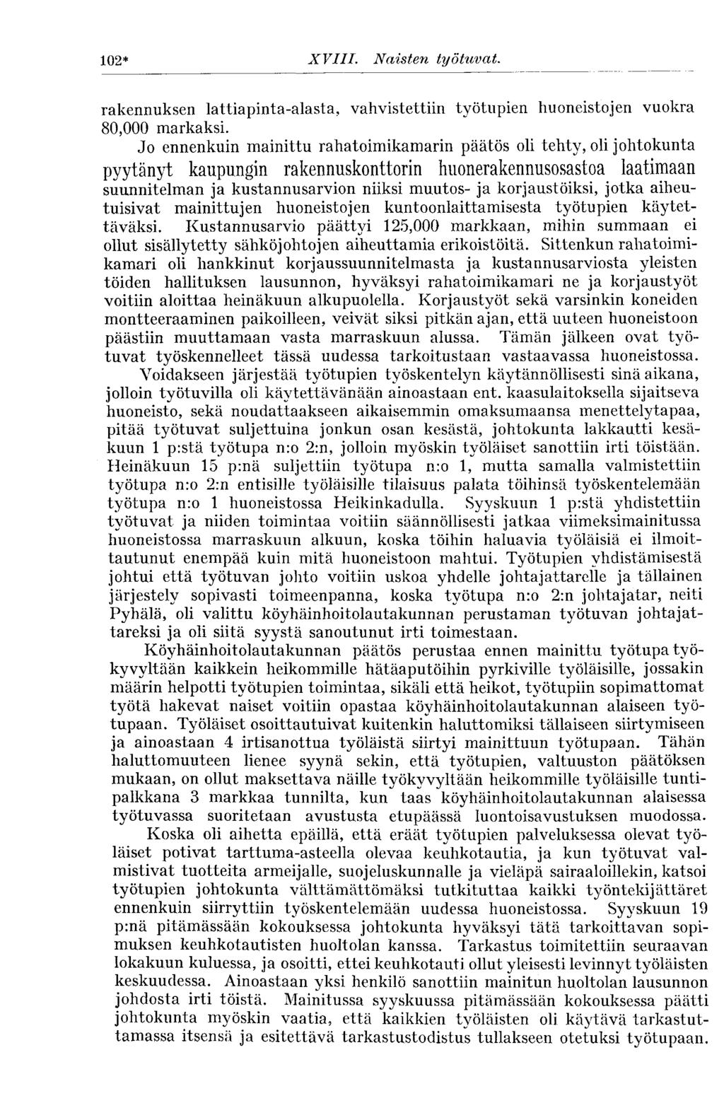 102* XVIII. Naisten työtuvat. rakennuksen lattiapinta-alasta, vahvistettiin työtupien huoneistojen vuokra 80,000 markaksi.